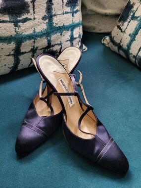 Manolo Blahnik Navy Satin T-Strap Pumps